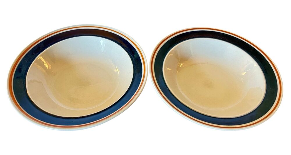 VTG Newcor Stoneware Bowls Satellite Cobalt Blue Brown Band Japan Set of 2 MCM